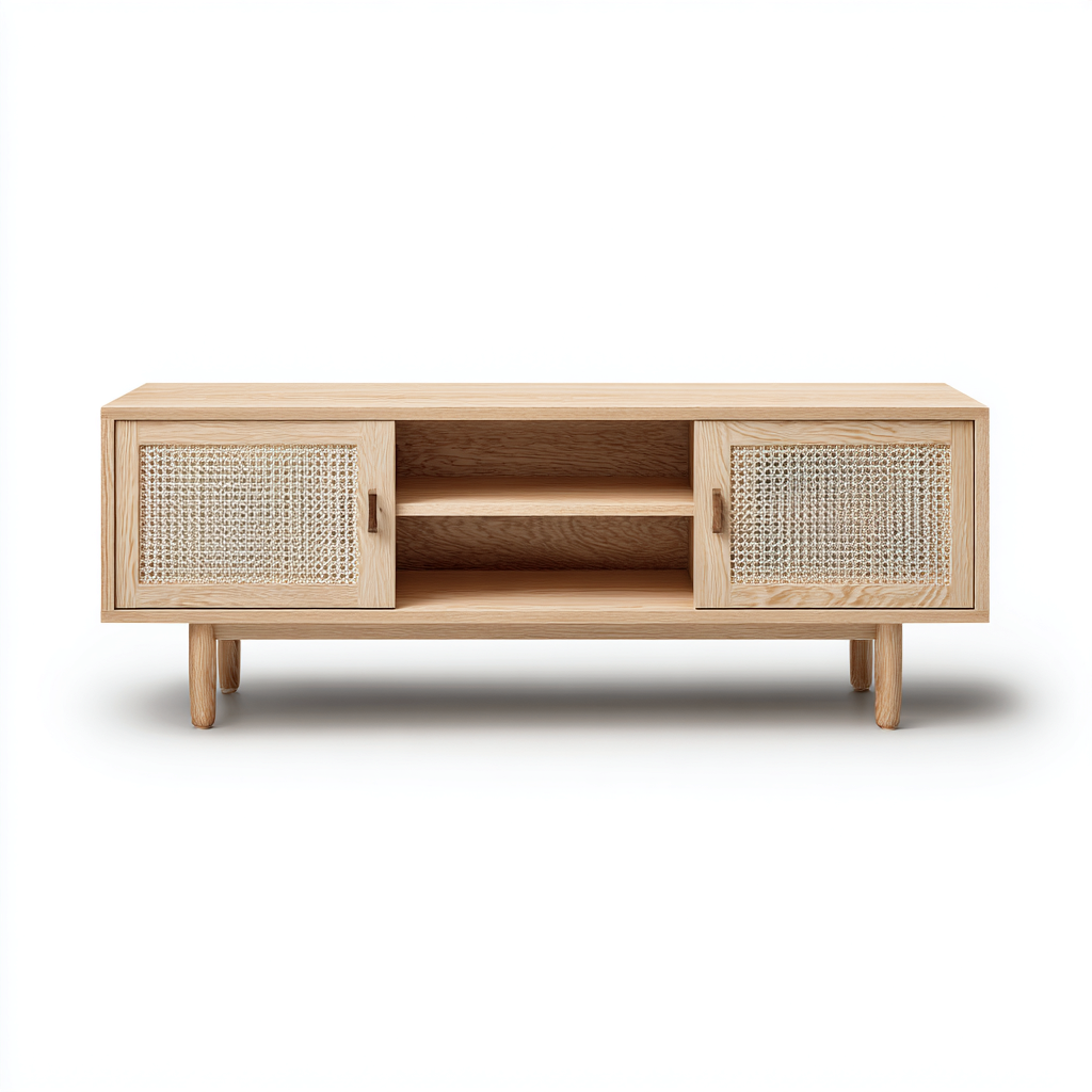 Tv meubel hout - 140x40x55 cm - lichtbruin - Scandinavisch ontwerp met rotan deuren-Havenaro