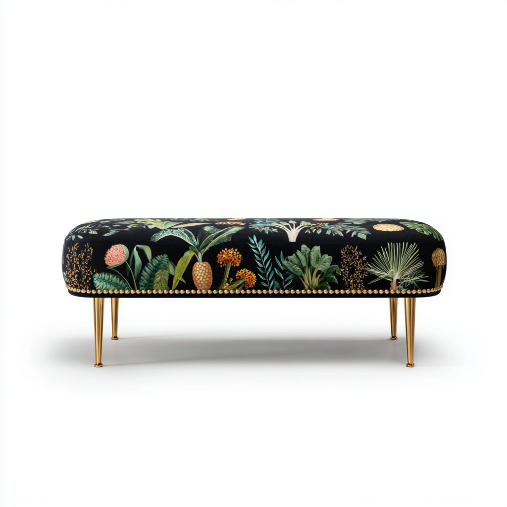 Slaapkamerbankje fluwelen bekleding 120x45x45 cm - zwart met tropisch patroon - modern ontwerp-Havenaro