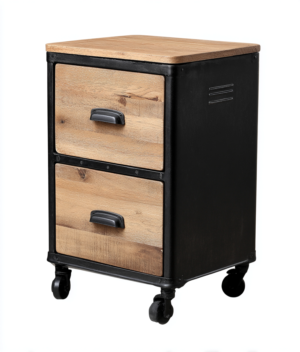 Archiefkast - metaal en hout - 43x38x68 cm - zwart-naturel hout - industrieel ontwerp-Havenaro