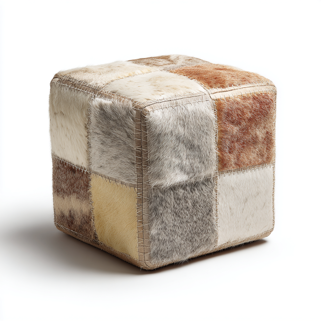Poef rundleer 45x45x45 cm - beige-grijs-bruin - handgemaakt patchwork design met vacht-Havenaro