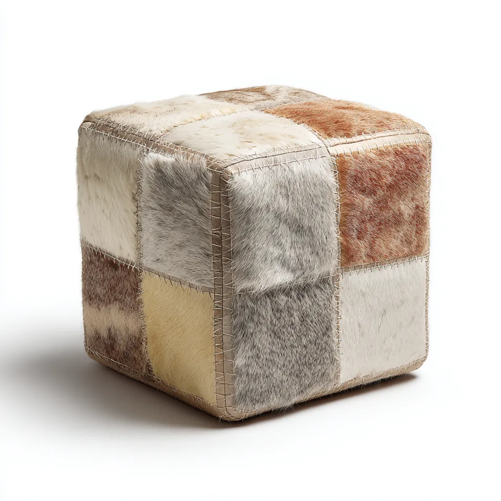 Poef rundleer 45x45x45 cm - beige-grijs-bruin - handgemaakt patchwork design met vacht-Havenaro