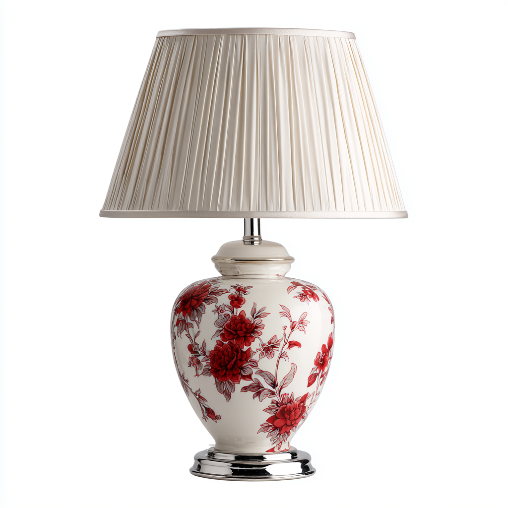 Tafellamp keramiek en stof - rood-crème - klassiek bloemenontwerp - 30x30x55 cm-Havenaro