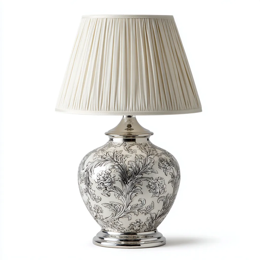 Tafellamp keramiek en stof - zilver-crème - klassiek bloemenontwerp - 32x32x58 cm-Havenaro
