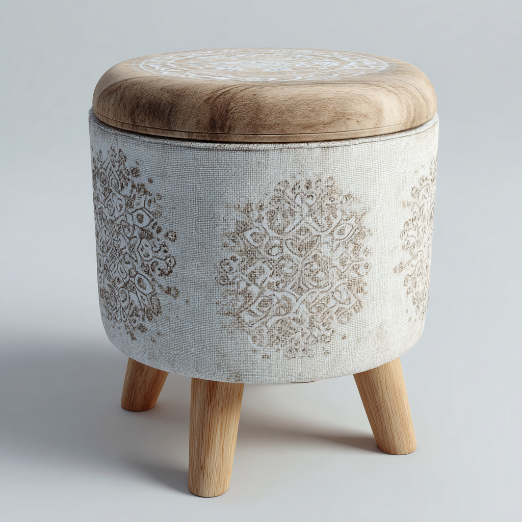 Poef stof en hout 38x38x45 cm - beige - boho design-Havenaro