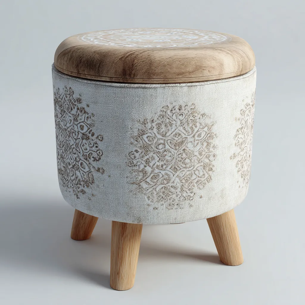 Poef stof en hout 38x38x45 cm - beige - boho design-Havenaro