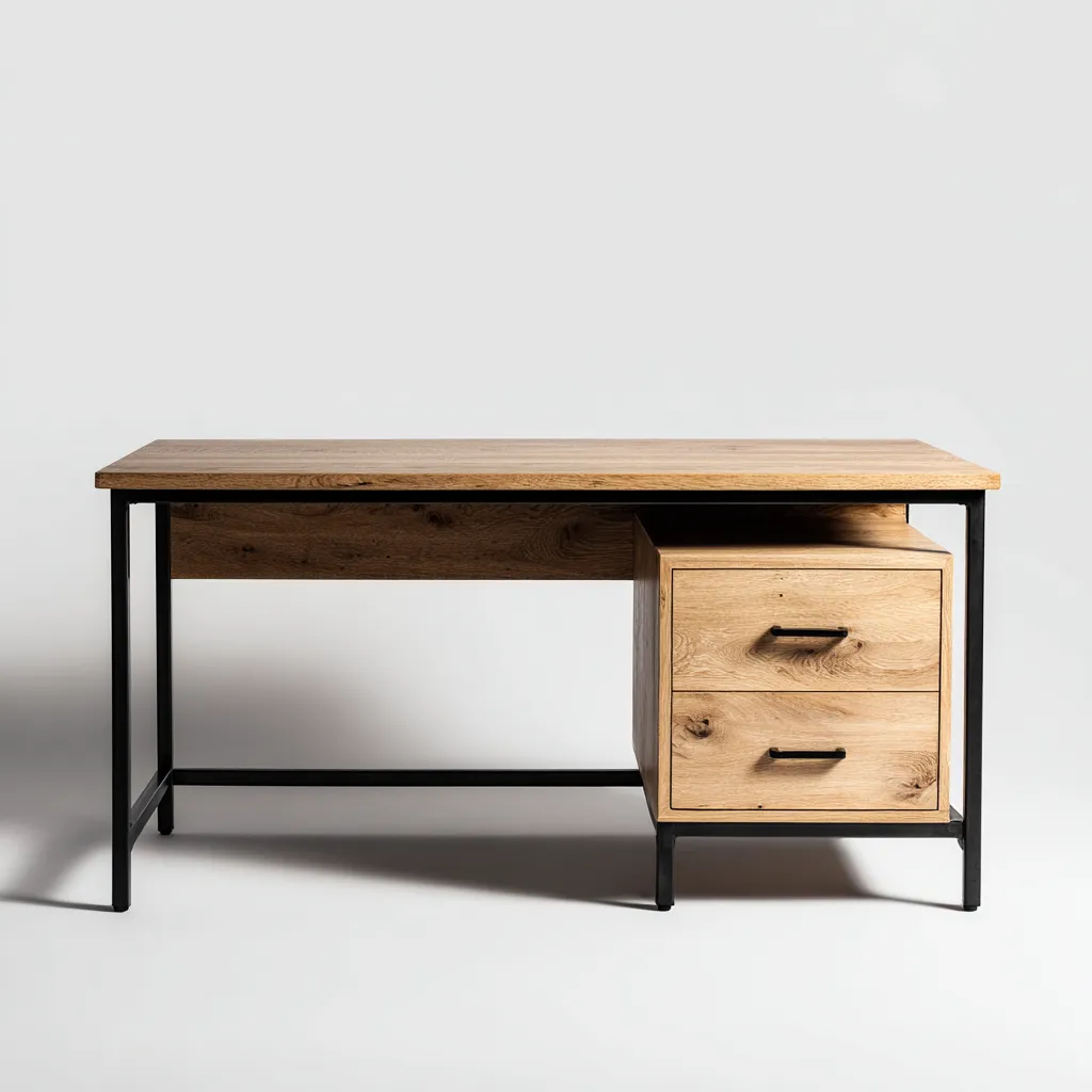 Bureau van hout en metaal - 140x60x75 cm - licht eiken-zwart - industrieel design - met opbergruimte-Havenaro