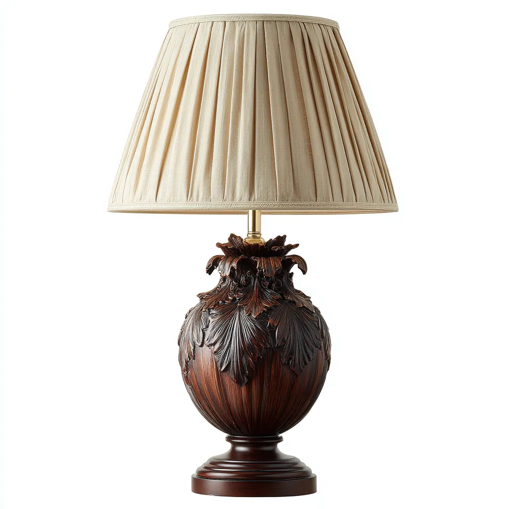 Tafellamp hout en stof - donkerbruin-beige - klassiek bladmotief - 33x33x60 cm-Havenaro