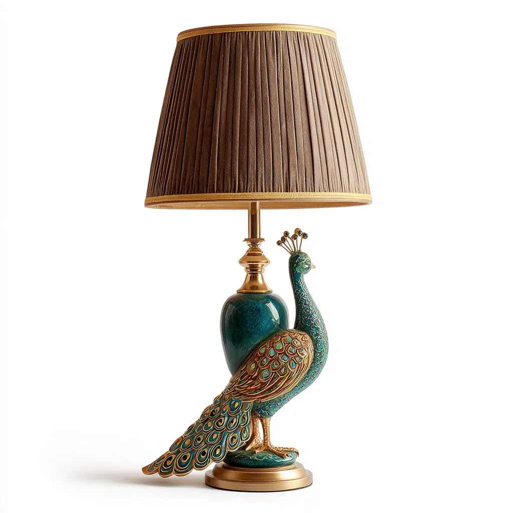 Tafellamp polyresin en stof - pauwdesign in goud en smaragdgroen - 32x32x60 cm-Havenaro