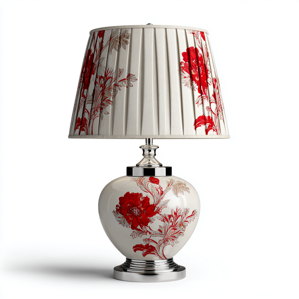 Tafellamp keramiek en stof - rood-zilver - klassiek bloemenontwerp - 40x42x58 cm-Havenaro