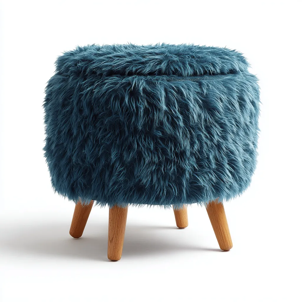 Poef kunstbont en hout 40x40x45 cm - blauw - modern ontwerp met opbergruimte-Havenaro