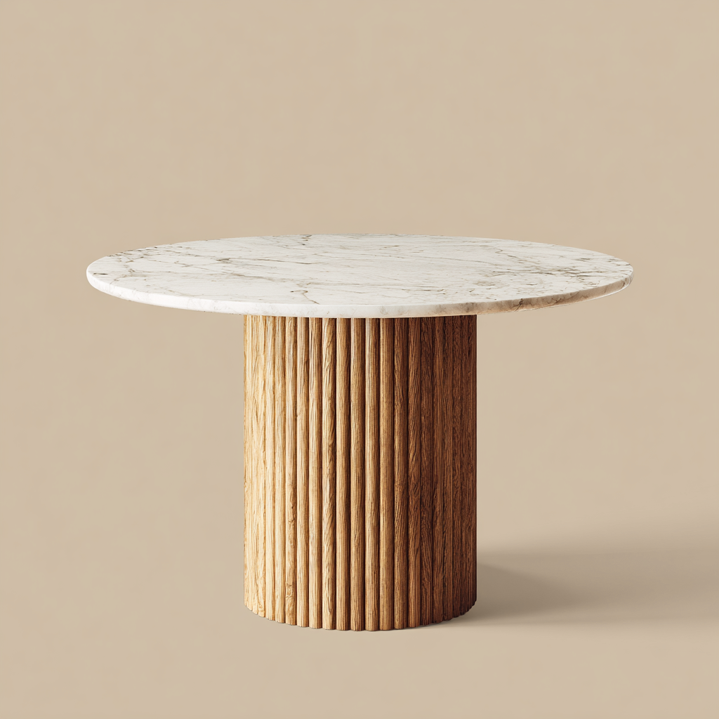 Table à manger - marbre-bois massif - 120x120x75 cm - blanc-bois naturel - design moderne-Interiorilo