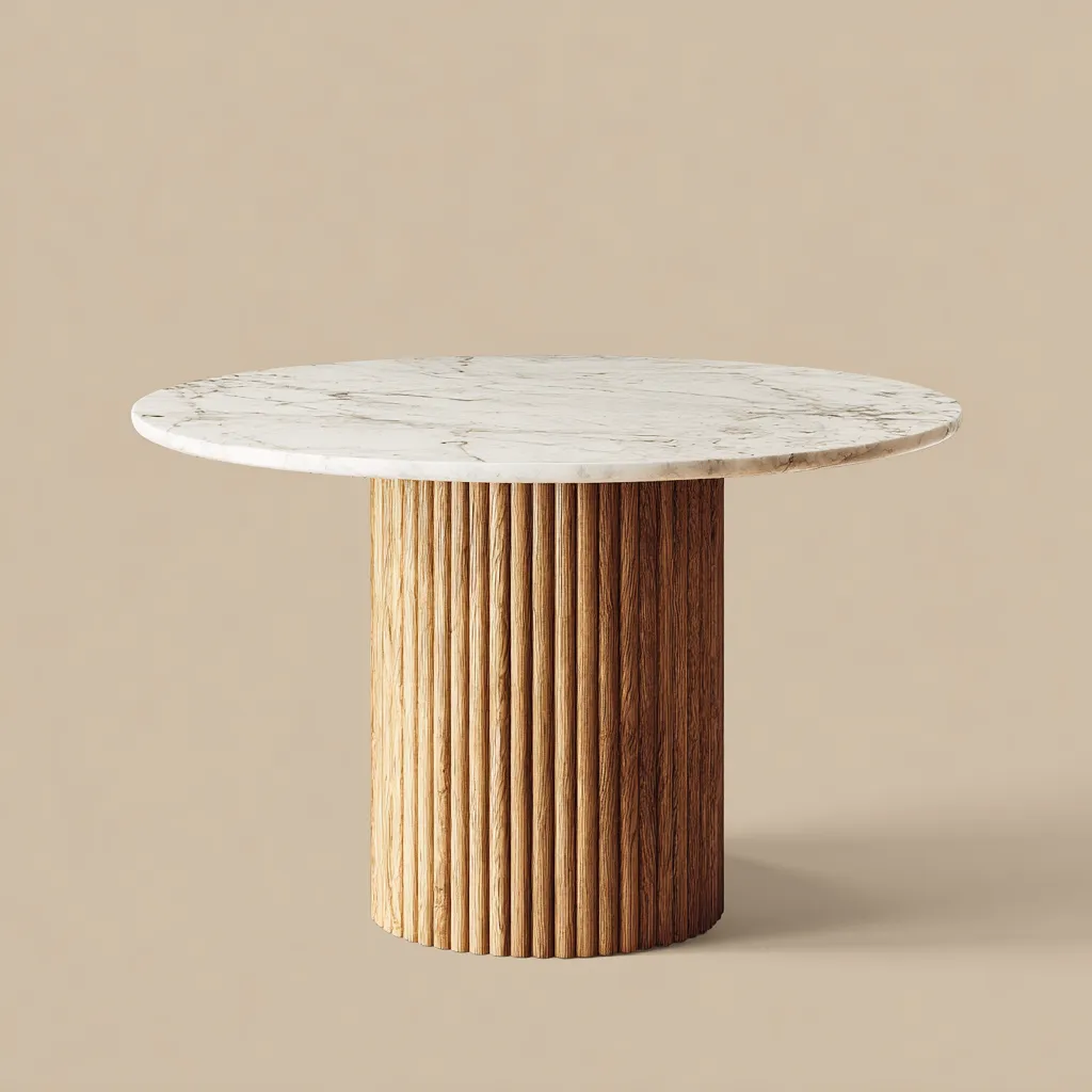Table à manger - marbre-bois massif - 120x120x75 cm - blanc-bois naturel - design moderne-Interiorilo
