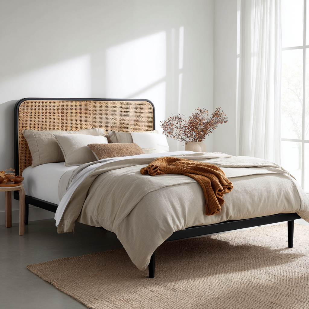 Lit double - métal - rotin tressé - 210x160x115 cm - naturel et noir - style bohème contemporain-Interiorilo