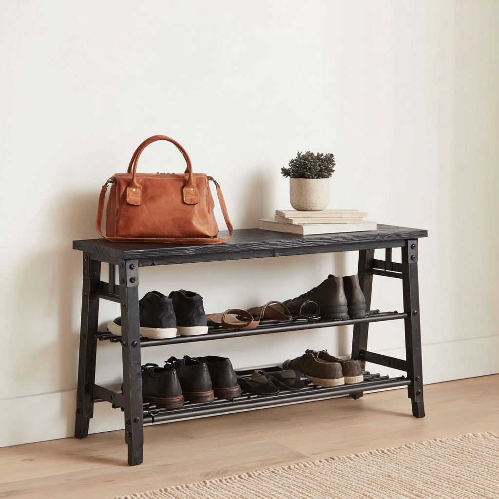 Meuble à chaussures - bois - 110x33x55 cm - noir - design industriel ouvert-Interiorilo