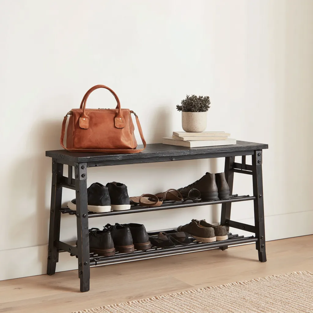 Meuble à chaussures - bois - 110x33x55 cm - noir - design industriel ouvert-Interiorilo