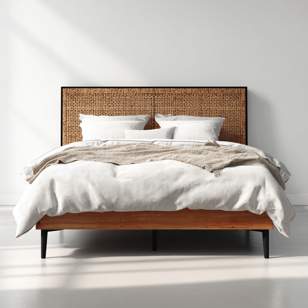Lit double - bois - rotin tressé - métal - 210x165x115 cm - naturel et noir - style bohème contemporain-Interiorilo