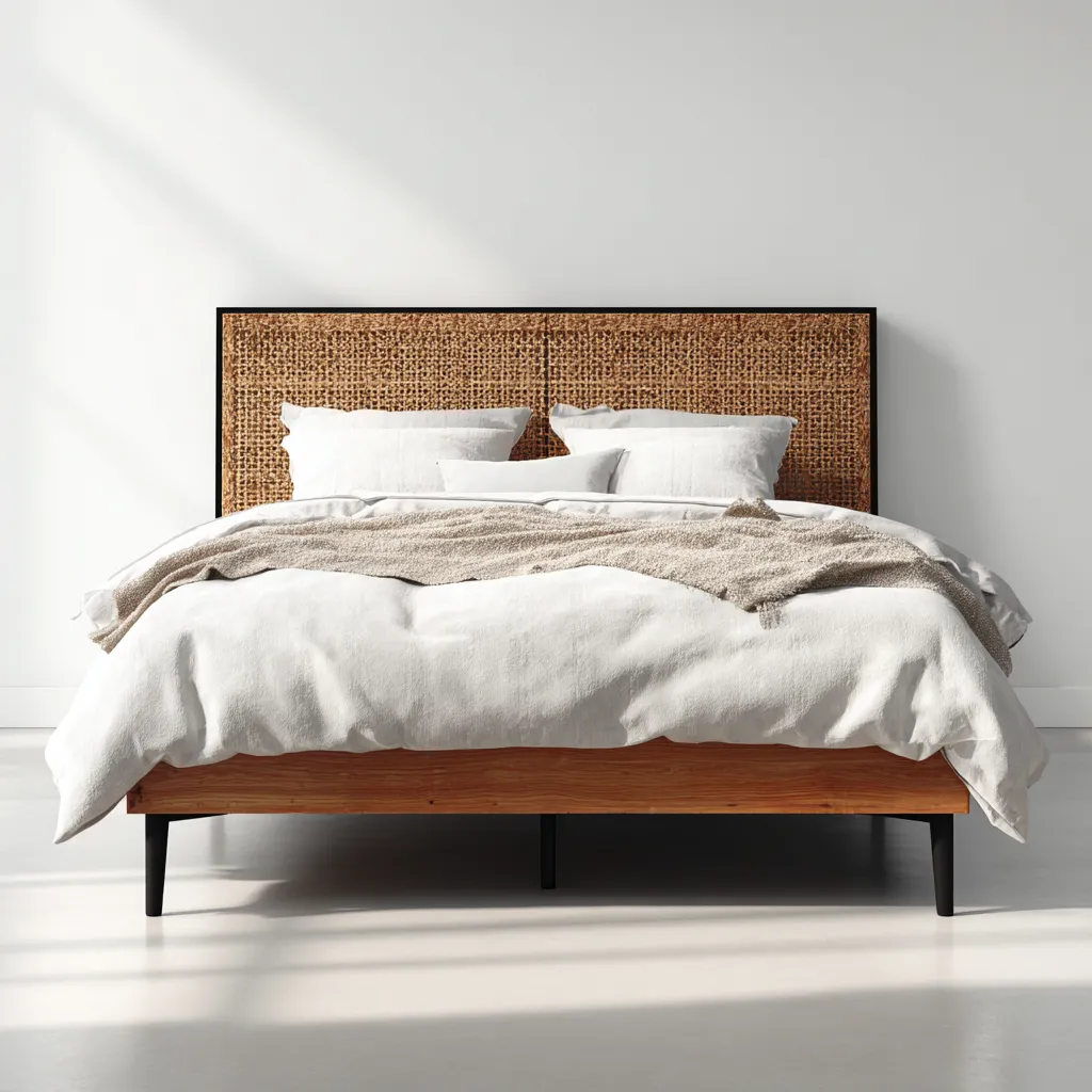 Lit double - bois - rotin tressé - métal - 210x165x115 cm - naturel et noir - style bohème contemporain-Interiorilo