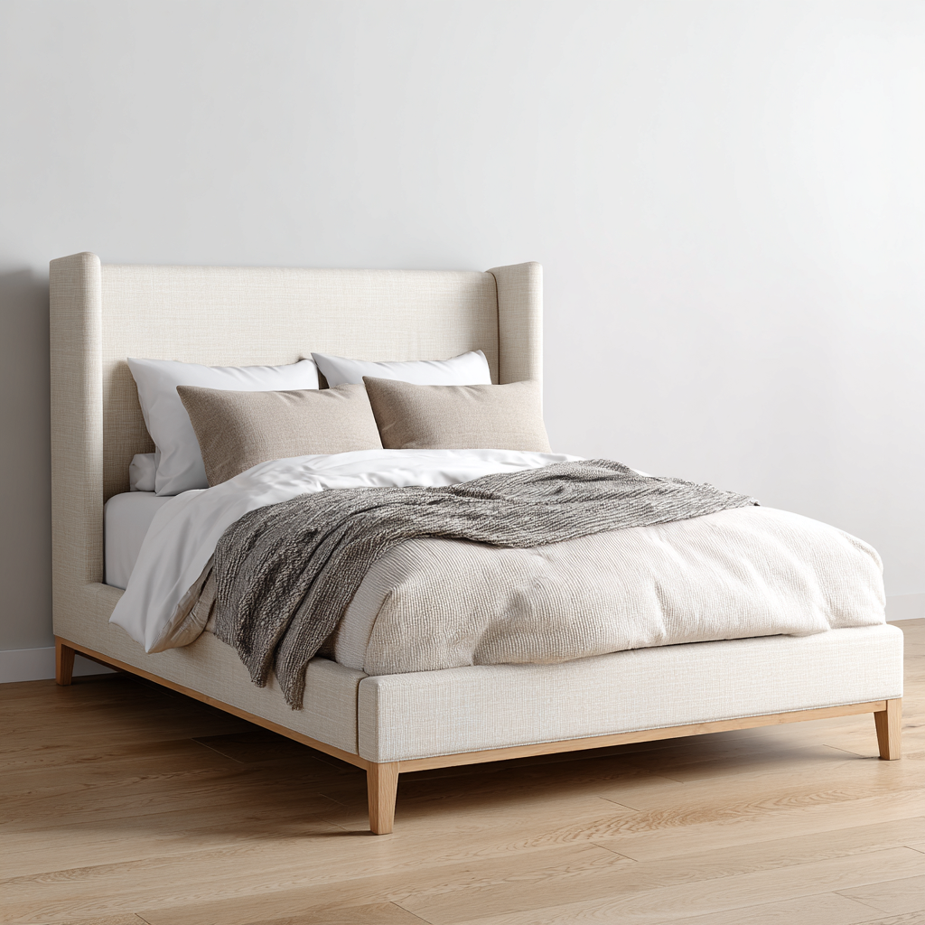 Lit double - tissu - bois - 205x160x120 cm - couleur beige naturel - style moderne minimaliste-Interiorilo