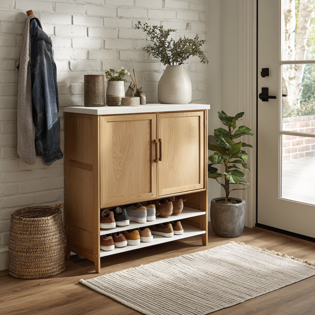 Meuble à chaussures - bois - 90x33x95 cm - bois clair-blanc - design fermé-Interiorilo