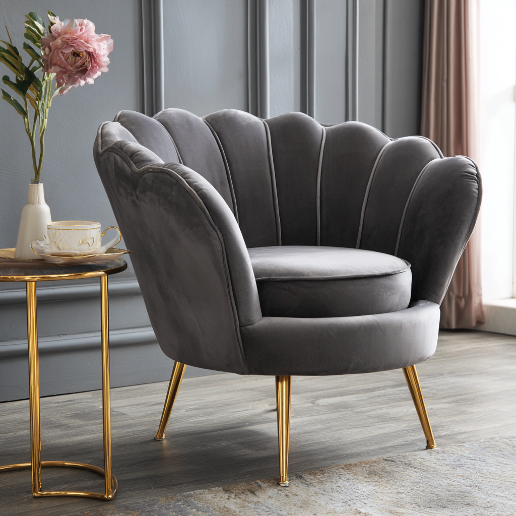 Fauteuil - velours - 70x72x78 cm - gris - design coquillage moderne-Interiorilo