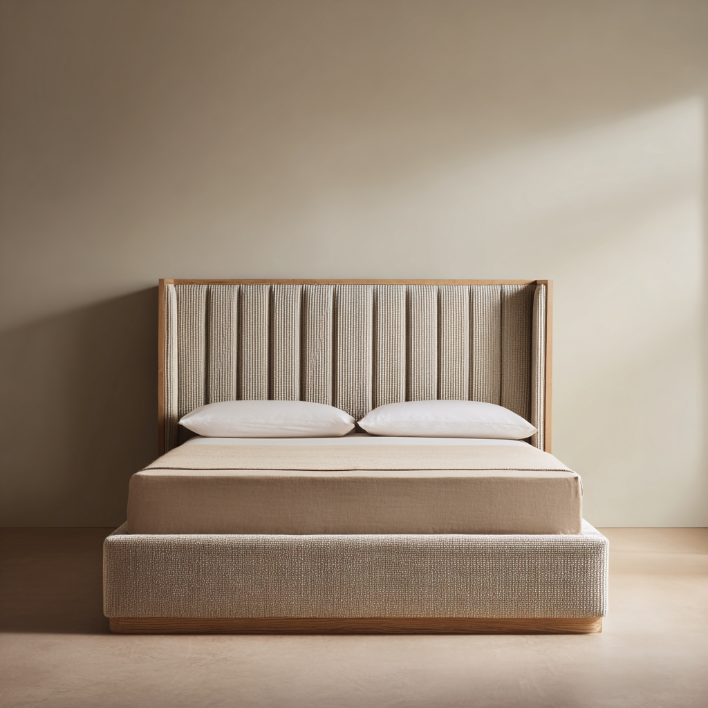 Lit double - tissu - bois - 210x170x120 cm - couleur beige naturel - style moderne contemporain-Interiorilo