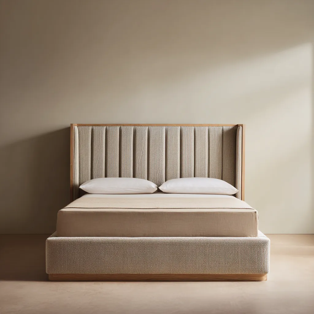 Lit double - tissu - bois - 210x170x120 cm - couleur beige naturel - style moderne contemporain-Interiorilo