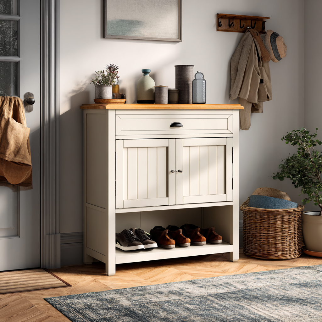 Meuble à chaussures - bois - 85x33x95 cm - blanc crème-bois clair - design fermé-Interiorilo
