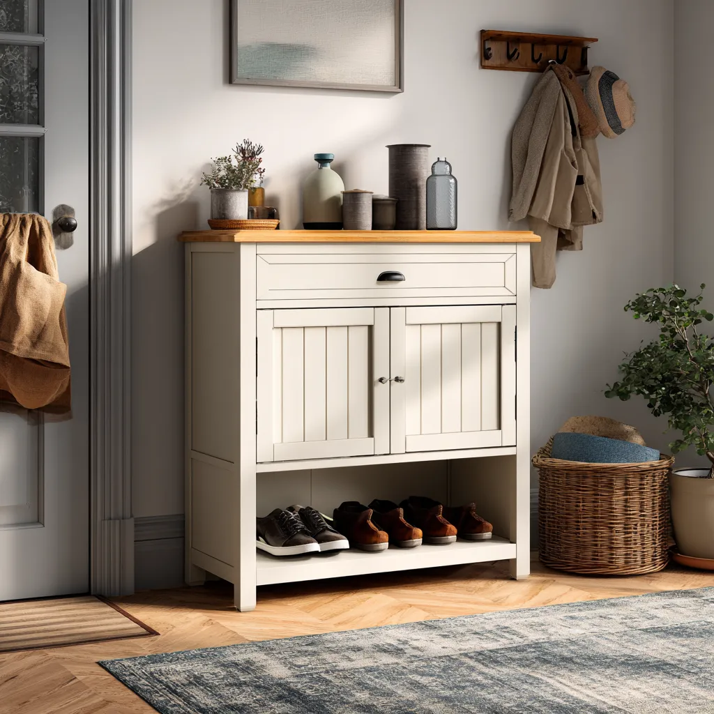 Meuble à chaussures - bois - 85x33x95 cm - blanc crème-bois clair - design fermé-Interiorilo