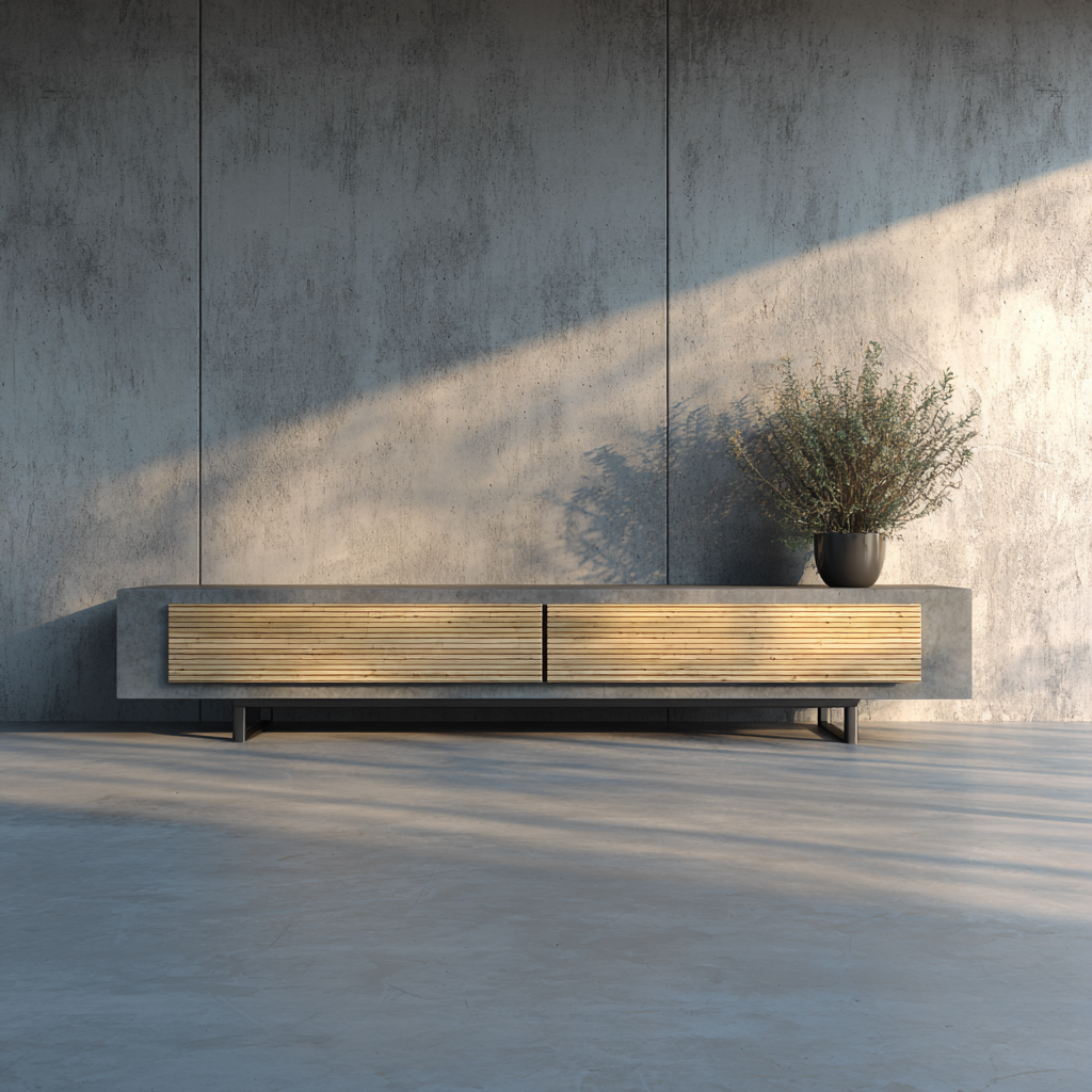 Meuble TV - béton-bois - 180x45x50 cm - gris-bois - design moderne-Interiorilo