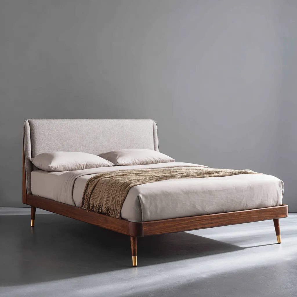 Lit double - tissu - bois - 205x160x105 cm - couleur beige naturel-bois foncé - style moderne mi-siècle-Interiorilo