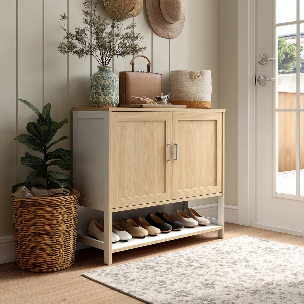 Meuble à chaussures - bois - 85x32x90 cm - bois clair-blanc - design fermé-Interiorilo