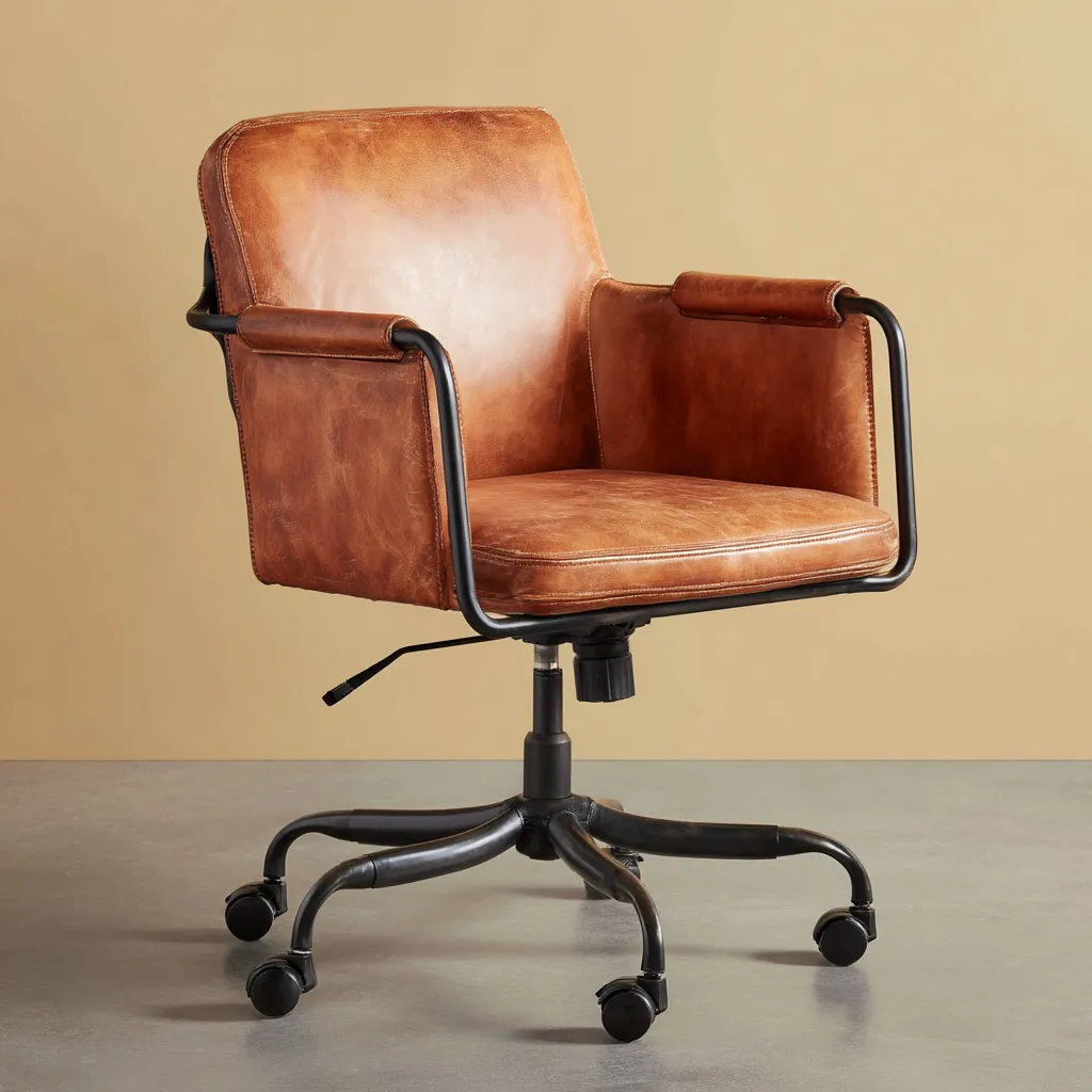 Chaise de bureau - cuir véritable - 61x61x92 cm - brun-noir - design ergonomique pivotant-Interiorilo