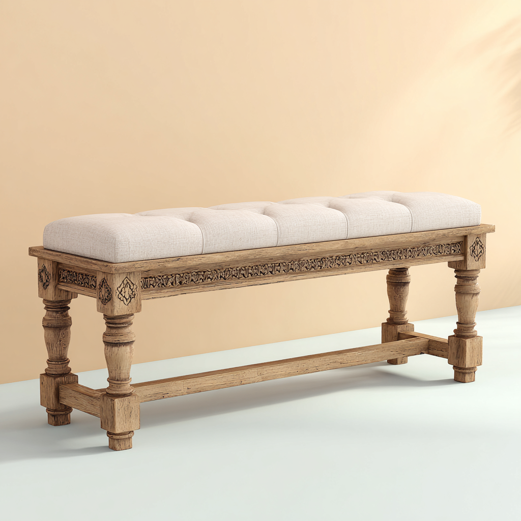 Banc de lit-bois-tissu-130x40x48 cm-beige-chêne naturel-style classique-Interiorilo