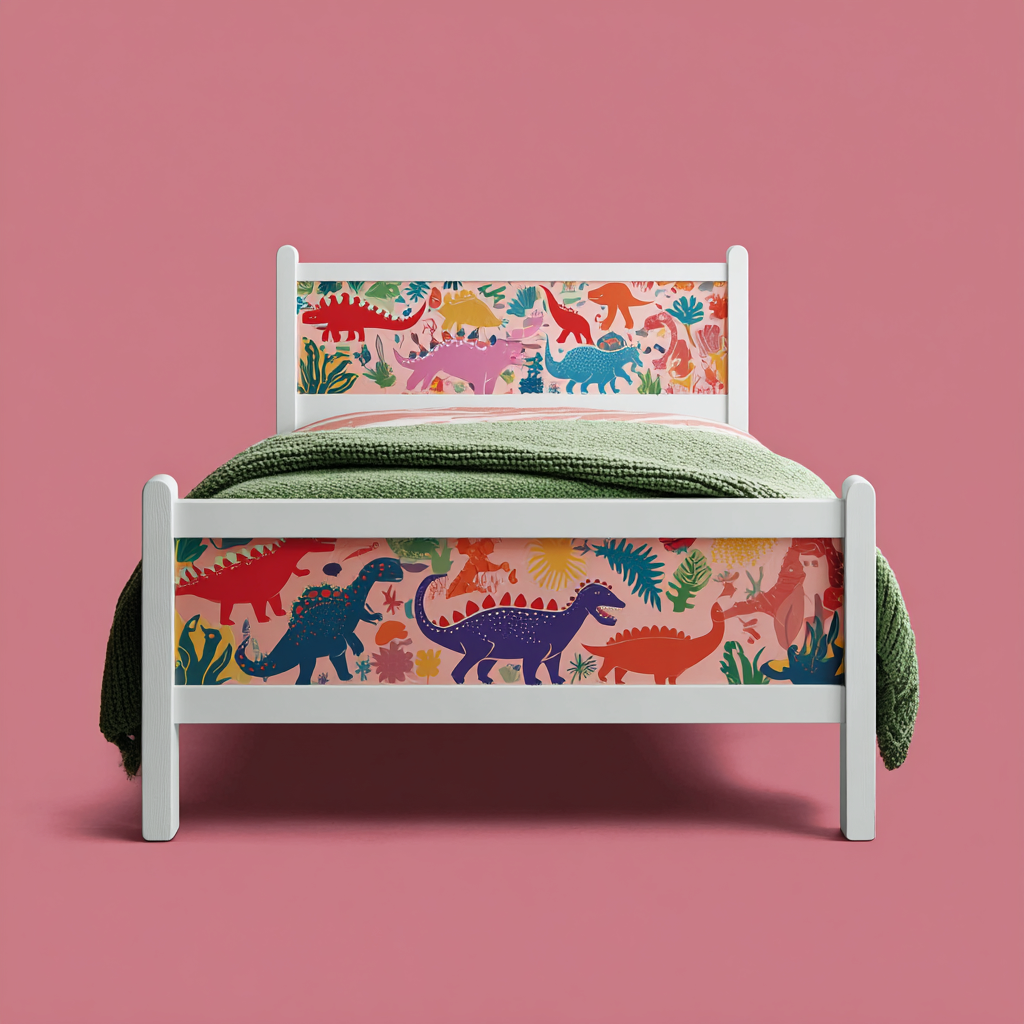 Lit enfant bois 160x70x75 cm - blanc-multicolore - panneaux décor dinosaures - style ludique pour chambre d enfant-Interiorilo