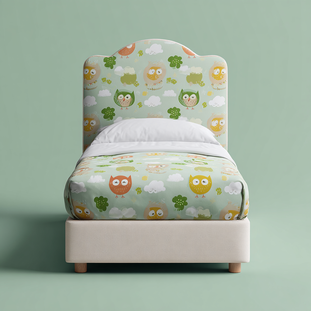 Lit enfant tissu 140x90x105 cm - beige-multicolore - lit à tête de lit rembourrée motif hiboux - style doux pour chambre d enfant-Interiorilo