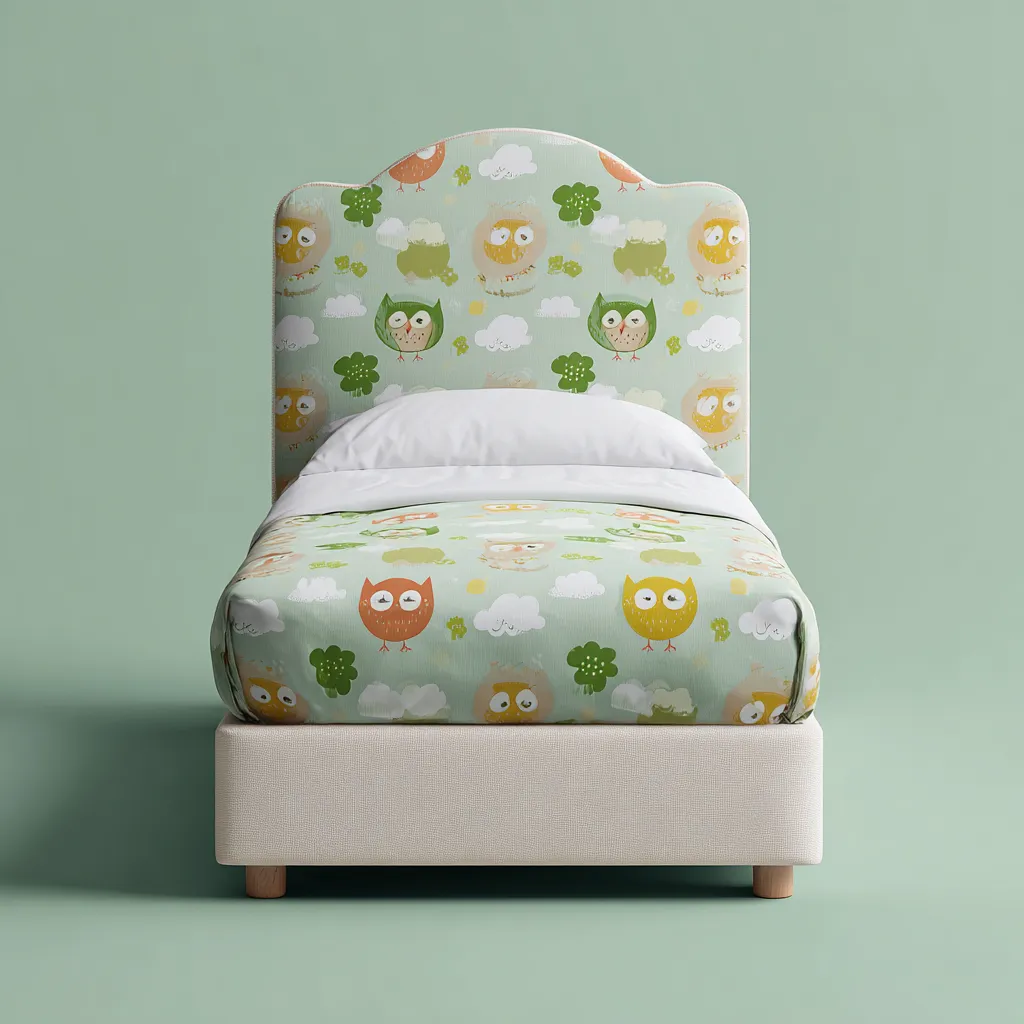 Lit enfant tissu 140x90x105 cm - beige-multicolore - lit à tête de lit rembourrée motif hiboux - style doux pour chambre d enfant-Interiorilo