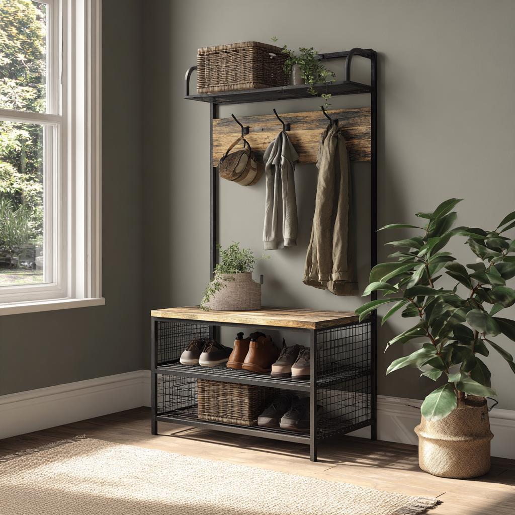 Porte manteau - métal - bois - 100x35x180 cm - noir et bois naturel - style industriel-Interiorilo