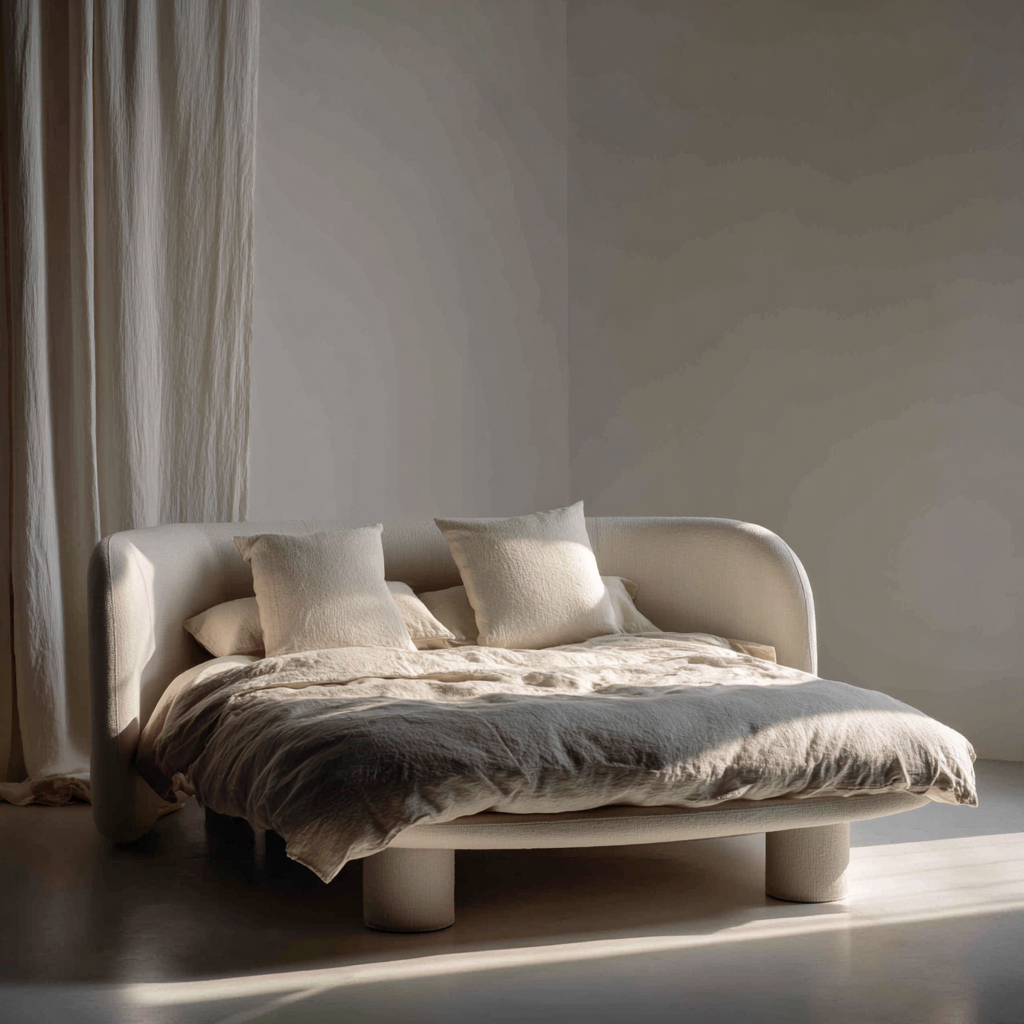 Lit double - tissu - 220x180x95 cm - couleur beige naturel - style moderne organique-Interiorilo