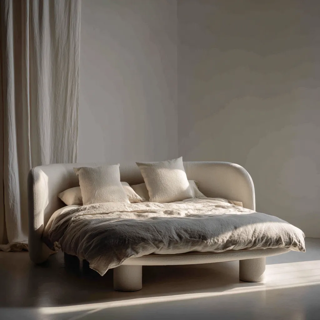 Lit double - tissu - 220x180x95 cm - couleur beige naturel - style moderne organique-Interiorilo