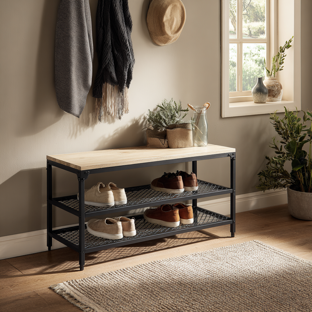 Meuble à chaussures - métal - 110x32x50 cm - noir-bois clair - design industriel ouvert-Interiorilo