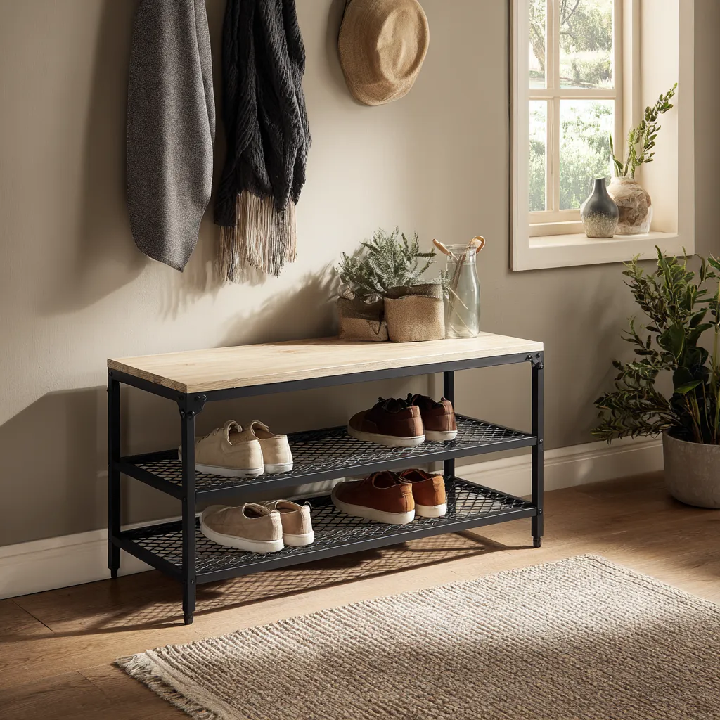 Meuble à chaussures - métal - 110x32x50 cm - noir-bois clair - design industriel ouvert-Interiorilo