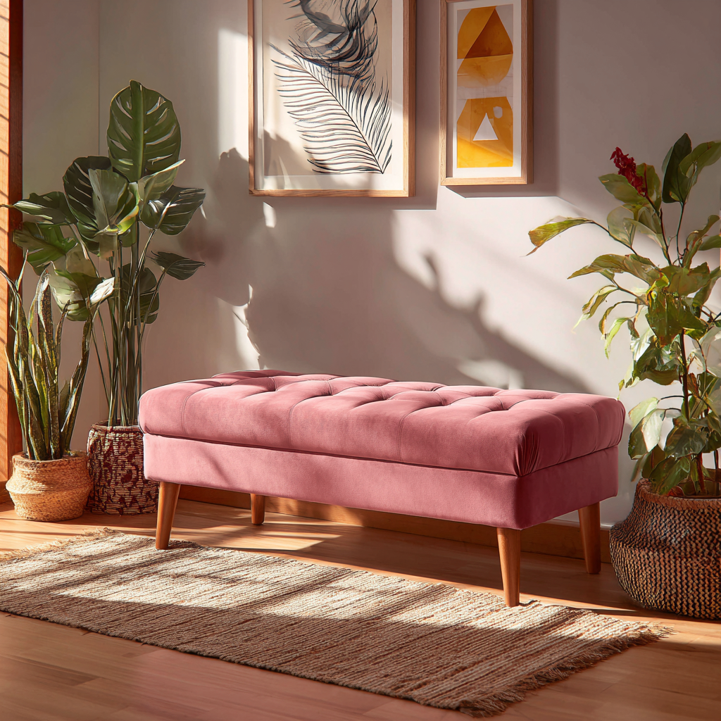 Banc de lit - bois-tissu - 118x42x46 cm - rose - design moderne-Interiorilo