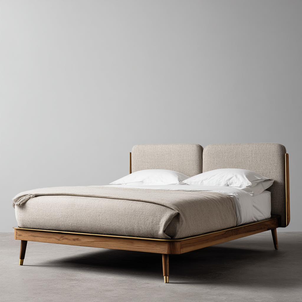 Lit double - tissu - bois - 205x160x105 cm - couleur beige naturel-bois naturel - style moderne mi-siècle-Interiorilo
