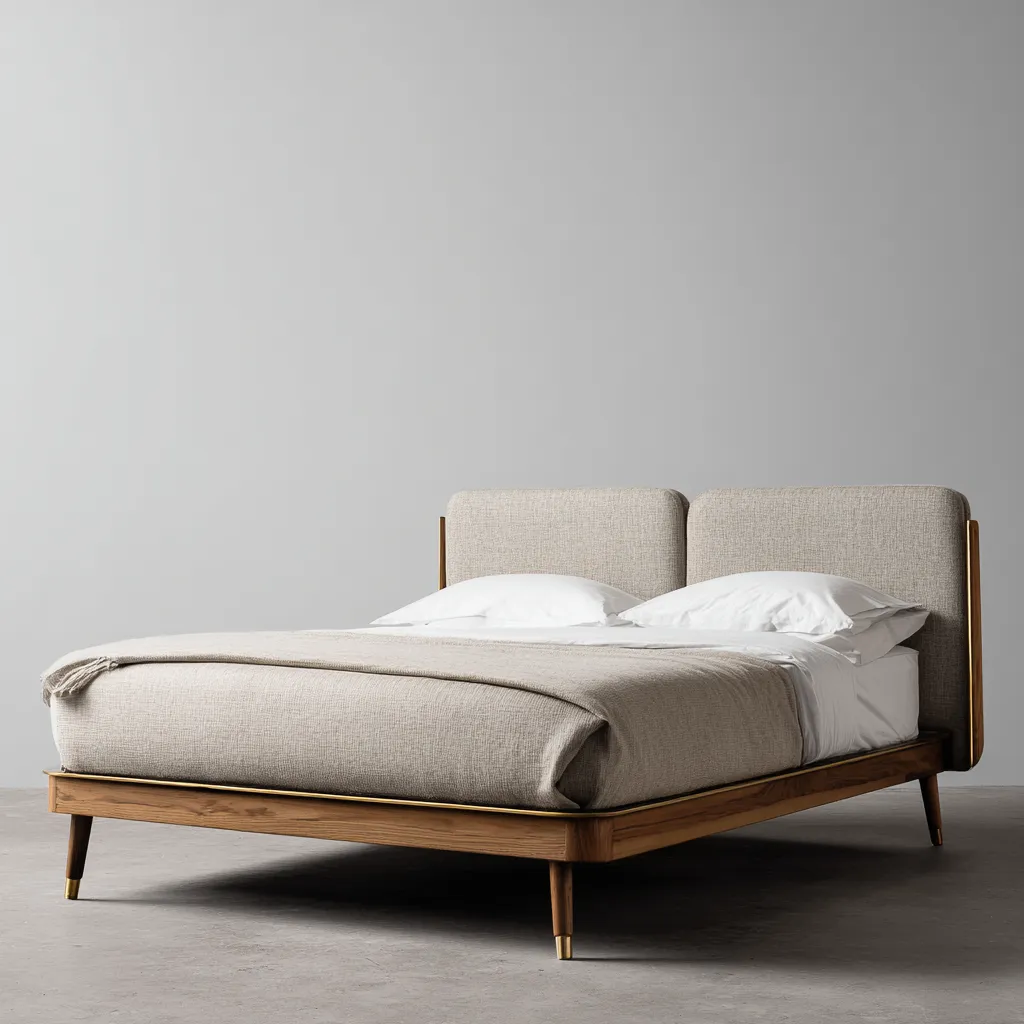 Lit double - tissu - bois - 205x160x105 cm - couleur beige naturel-bois naturel - style moderne mi-siècle-Interiorilo