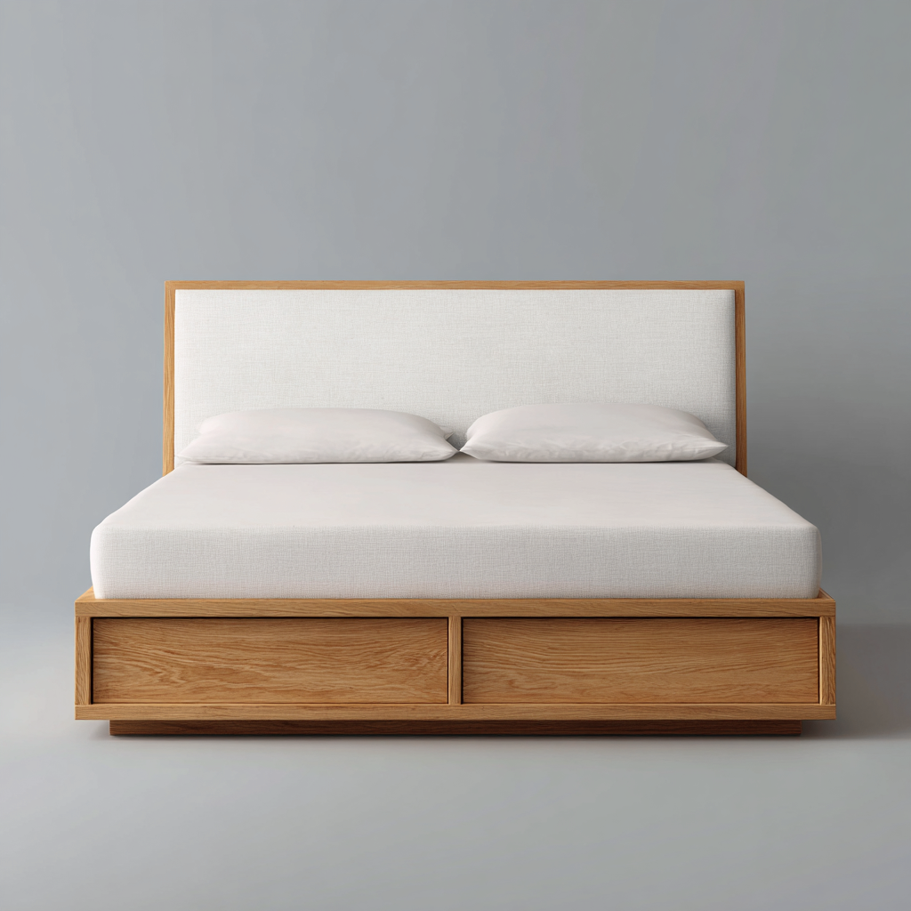 Lit double - tissu - bois - 210x165x115 cm - couleur beige naturel-bois naturel - style moderne minimaliste-Interiorilo