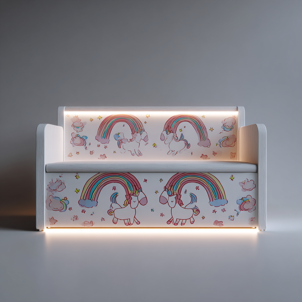 Lit enfant bois 140x75x85 cm - blanc-multicolore - lit décor licorne arc-en-ciel avec éclairage LED - style ludique pour chambre d enfant-Interiorilo