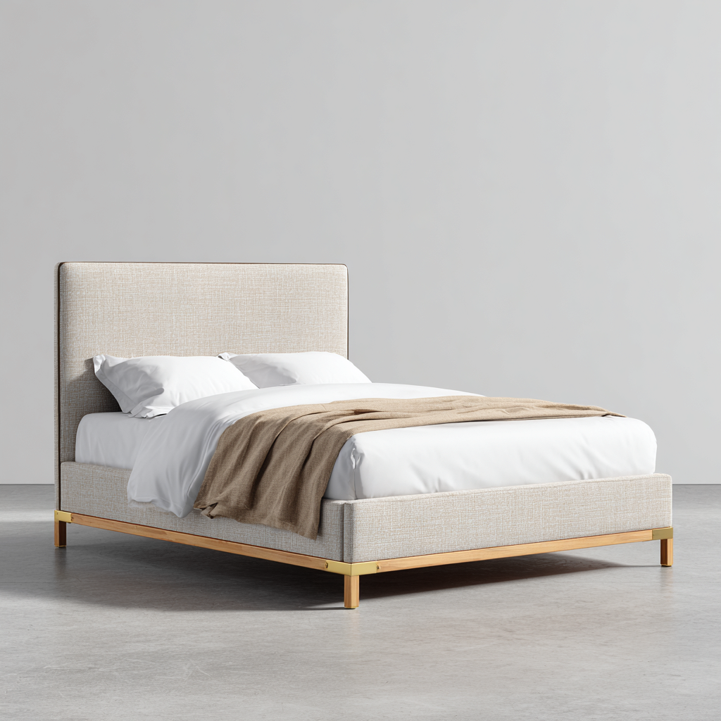 Lit double - tissu - bois - 205x160x110 cm - couleur beige naturel-bois naturel - style moderne minimaliste-Interiorilo
