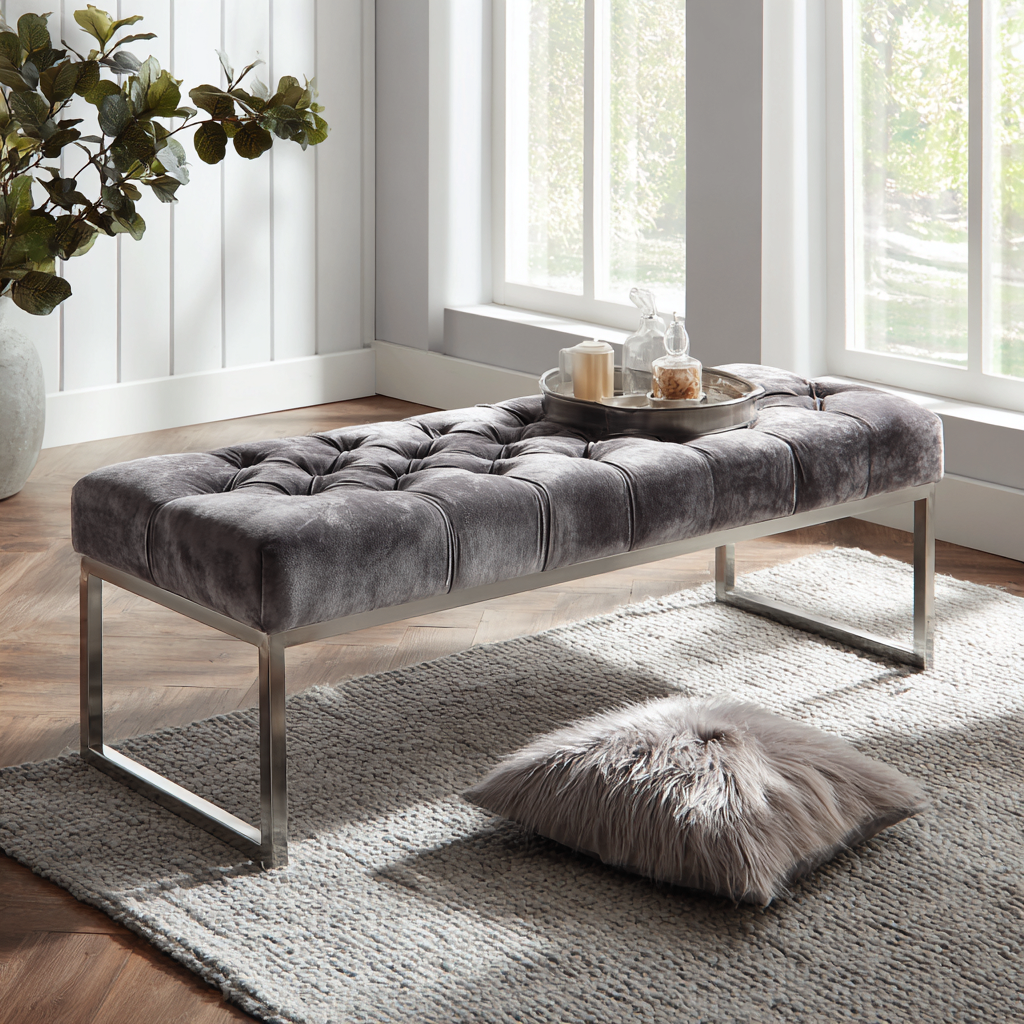 Banc de lit-métal-velours-125x43x48 cm-gris-style moderne-Interiorilo
