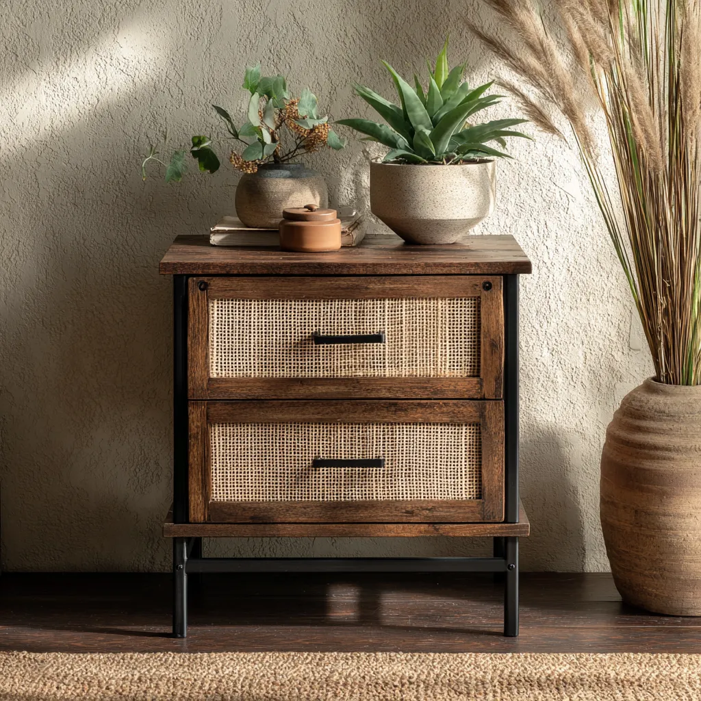 Table de chevet-bois massif-rotin-acier-50x40x60 cm-chêne foncé-style moderne-Interiorilo