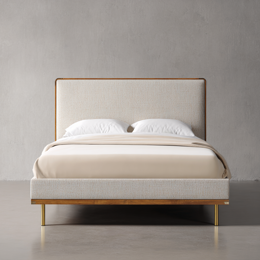 Lit double - tissu - bois - 205x160x115 cm - couleur beige naturel-bois naturel - style moderne minimaliste-Interiorilo